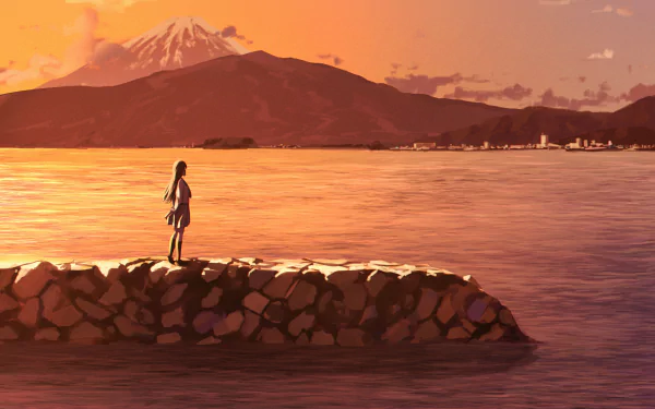 Anime HD desktop wallpaper featuring Dia Kurosawa from Love Live! Sunshine!! in a school uniform, standing by a lake with a mountain and volcano in the background, bathed in a beautiful sunset.