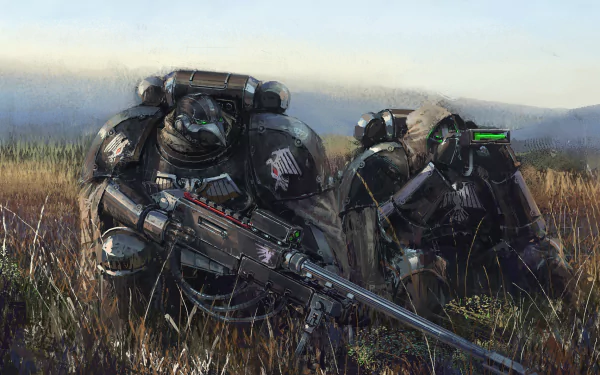 Two armored warriors equipped with sniper rifles blend into the tall grass, poised and ready. This HD desktop wallpaper captures the intense atmosphere of the Warhammer 40k universe.