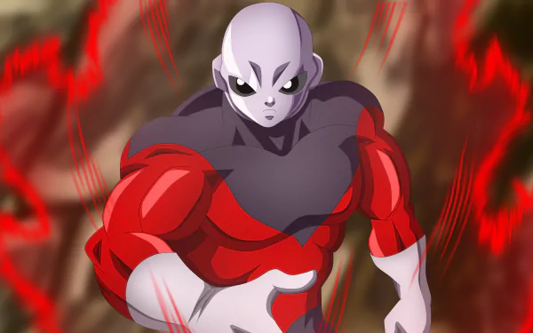 Anime character Jiren from Dragon Ball Super featured in an intense 8K Ultra HD PC desktop wallpaper with dynamic red energy effects.