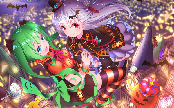 HD anime desktop wallpaper featuring two original characters with white and green twintails, blue and red eyes, dressed in Halloween-themed outfits with pumpkins, bats, and witch hats.