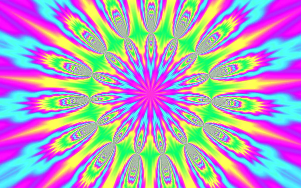 Vibrant psychedelic kaleidoscope pattern with swirling neon colors in an abstract, artistic design, presented as an HD PC desktop wallpaper and background.