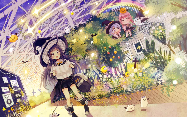 Anime original 4K Ultra HD desktop wallpaper: two girls with purple and pink hair in a luminous greenhouse; one wears a pumpkin hat and cape amid flowers and tiny creatures.