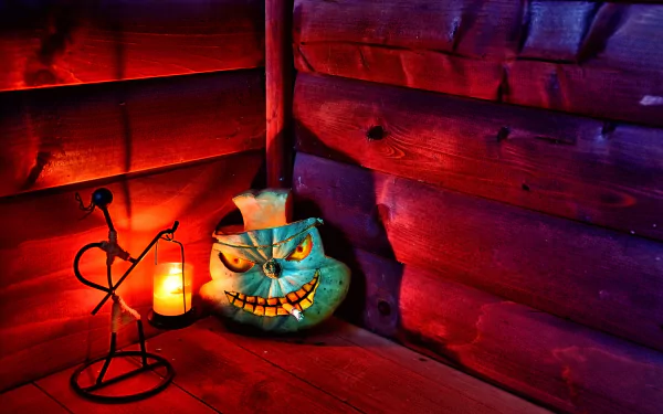 A Halloween-themed HD PC wallpaper featuring a glowing jack-o'-lantern candle holder and a lit candle on a wooden floor with a cigarette holder nearby.