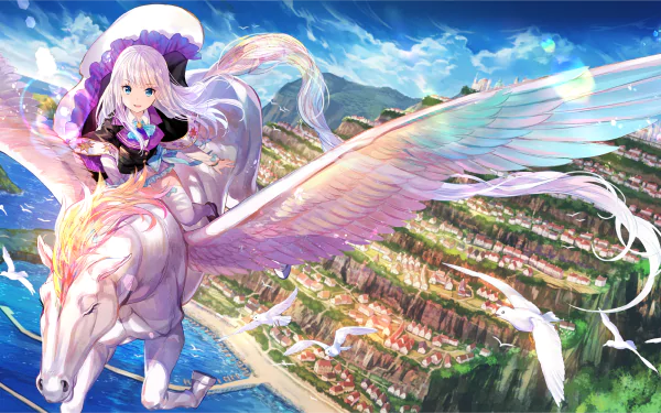 Kagami Sakimori from She Professed Herself Pupil of the Wise Man flies on a glowing Pegasus over a vibrant coastal town in this HD anime PC desktop wallpaper.