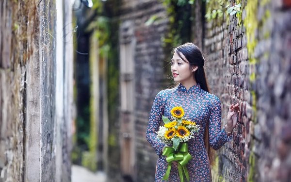 Women Asian Model Depth Of Field Bouquet Brunette Brick Traditional Costume HD Wallpaper | Background Image