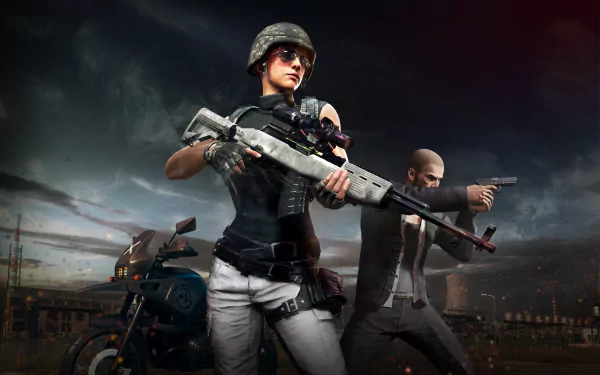 HD desktop wallpaper featuring characters from the video game Playerunknown's Battlegrounds, showcasing a fierce female soldier armed with a rifle and a male character with a handgun in a dramatic pose.