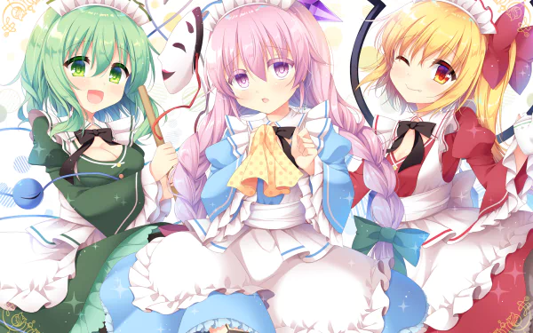 HD anime desktop wallpaper showing Touhou characters Koishi Komeiji, Hata no Kokoro, and Flandre Scarlet in colorful frilled outfits, smiling.