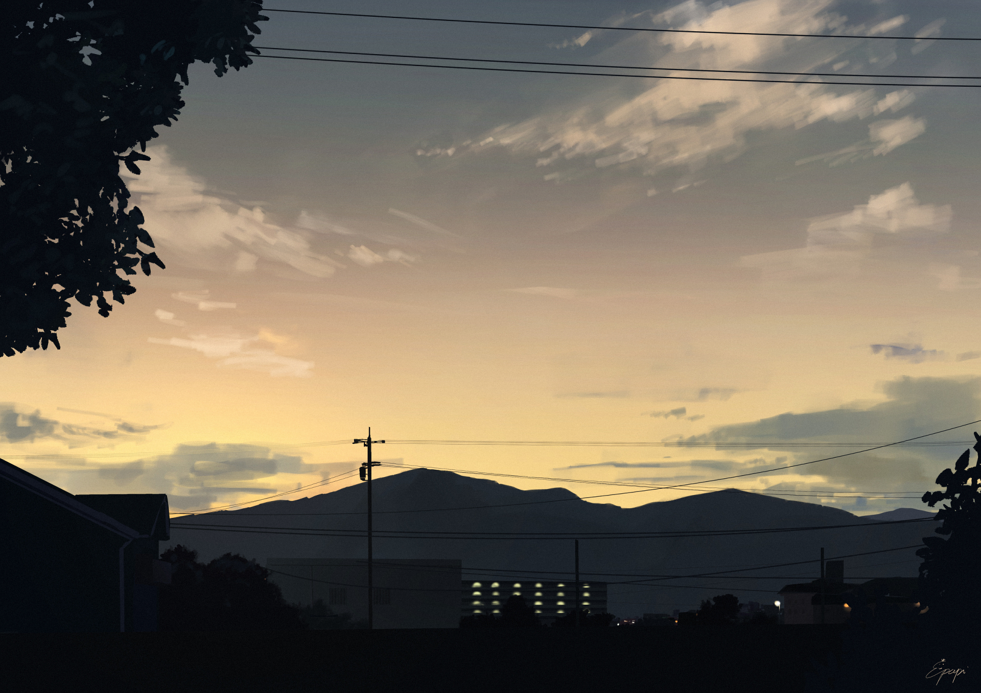 HD anime-style PC desktop wallpaper depicting a tranquil sky at dusk with silhouetted mountains, trees, and cityscape elements.