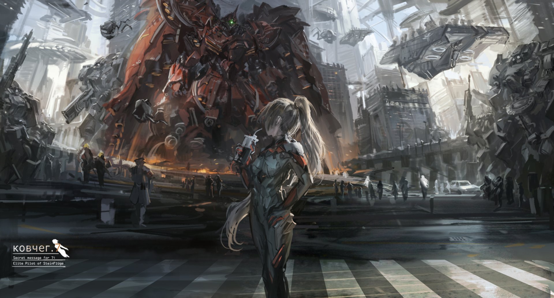 HD desktop wallpaper featuring a Sci-Fi, anime-inspired scene with a person in a futuristic bodysuit and ponytail standing before a massive robot in a bustling cityscape.