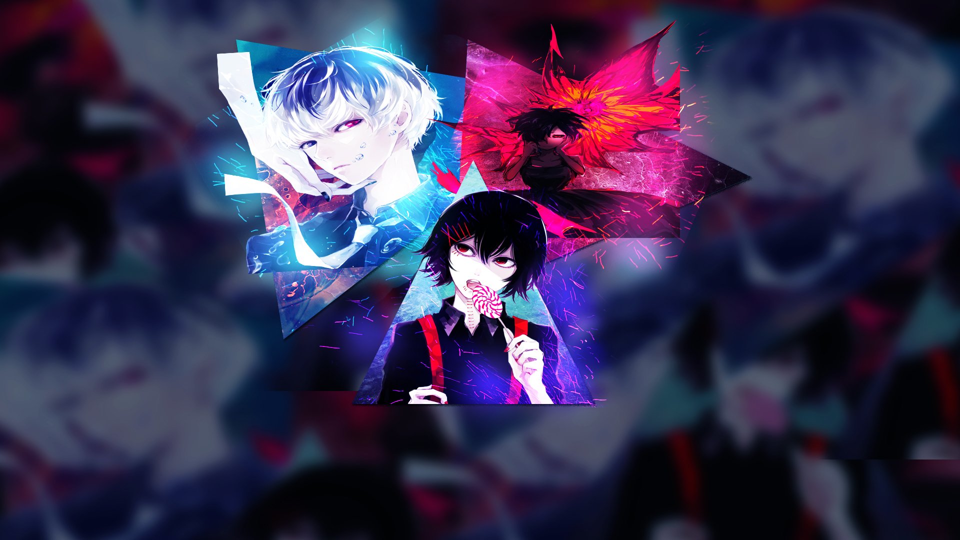 HD PC desktop wallpaper featuring Ken Kaneki from the anime Tokyo Ghoul, showcasing dynamic and colorful character portraits against a dark, abstract background.