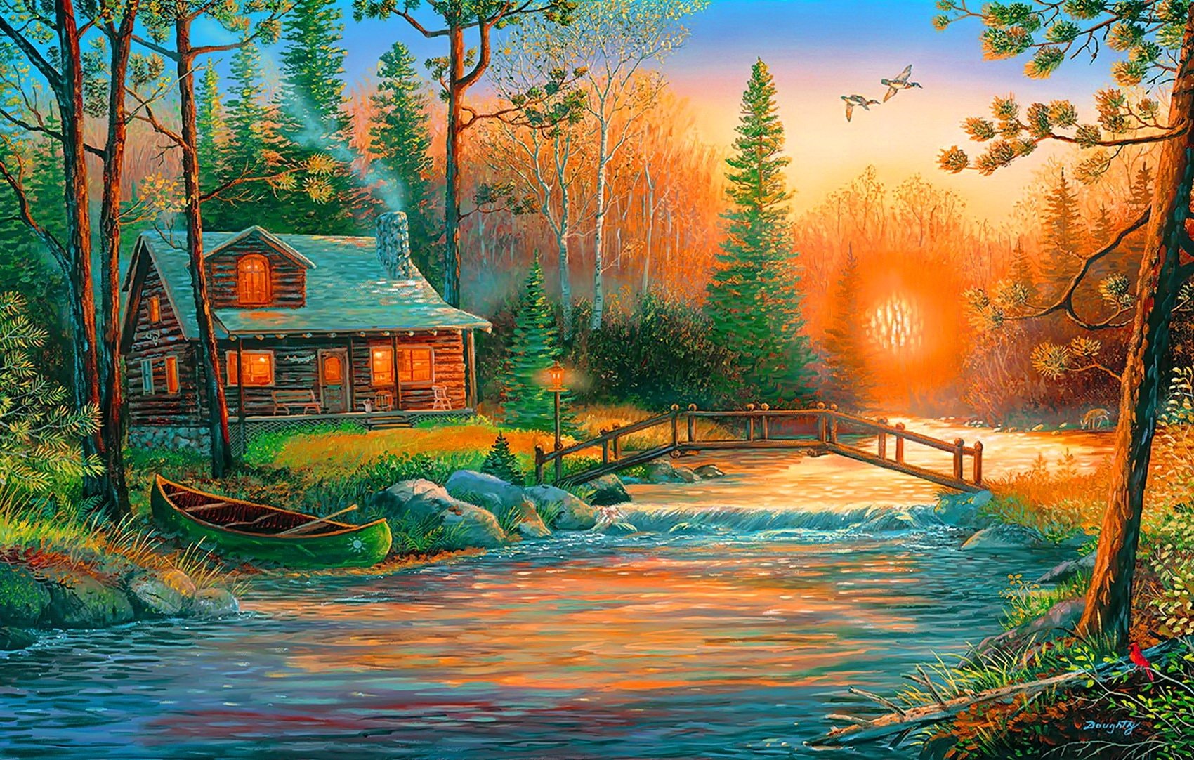 Artistic HD desktop wallpaper of a serene river scene with a canoe, wooden bridge, and cabin surrounded by vibrant trees at sunset.