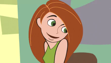 HD PC desktop wallpaper of Kim Possible from the Disney TV show: cartoon portrait of Kim in a green top smiling against a stylized abstract background.