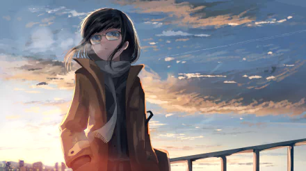 HD anime desktop wallpaper featuring a girl with black hair and glasses, wearing a coat and scarf, standing under a cloud-filled sky.