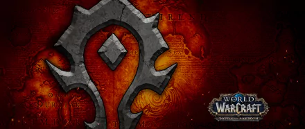 HD desktop wallpaper for World of Warcraft: Battle for Azeroth featuring the game's logo against a fiery red background with map details.