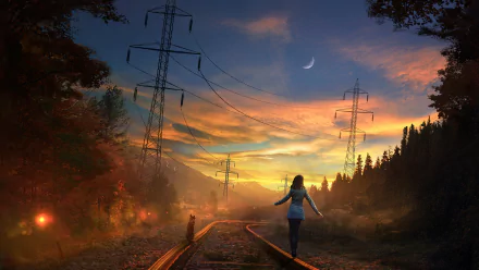 HD artistic desktop wallpaper of a person walking along railroad tracks at sunset, with a dog, power lines overhead, and a colorful sky featuring a crescent moon.