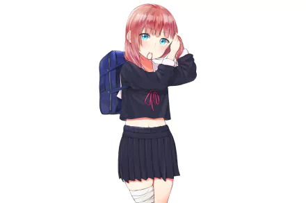 Anime-style original HD desktop wallpaper of a pink-haired schoolgirl with blue eyes, wearing a black school uniform and carrying a backpack.