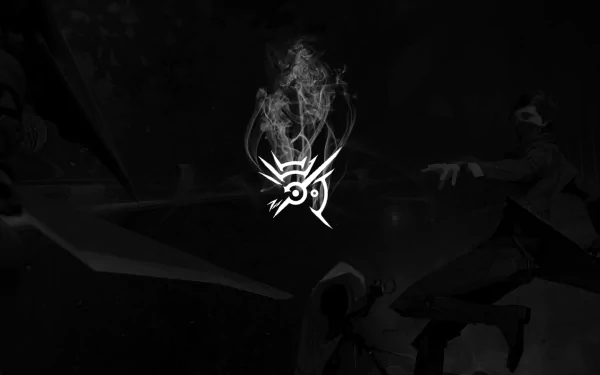 HD PC desktop wallpaper featuring Emily Kaldwin from the video game Dishonored 2, showcasing dark tones and a mystical emblem with smoky effects.