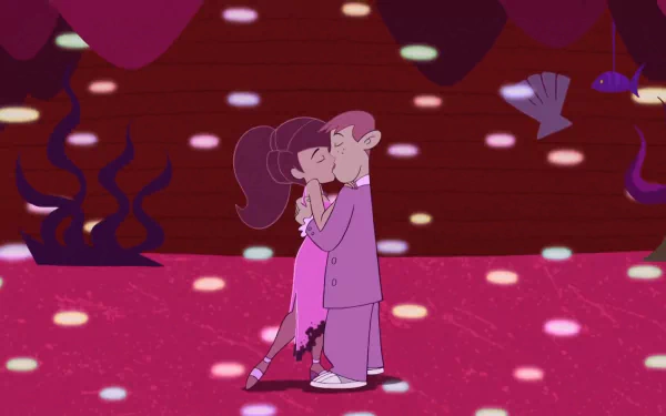 HD PC desktop wallpaper/background: Kim Possible and Ron Stoppable share a sweet kiss on a colorful Disney cartoon dancefloor, from the TV show.