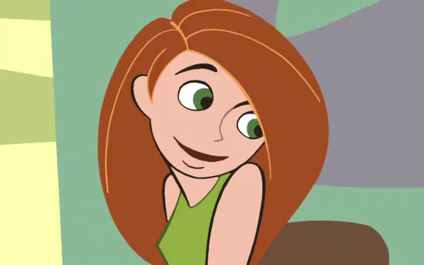 HD PC desktop wallpaper of Kim Possible from the Disney TV show: cartoon portrait of Kim in a green top smiling against a stylized abstract background.