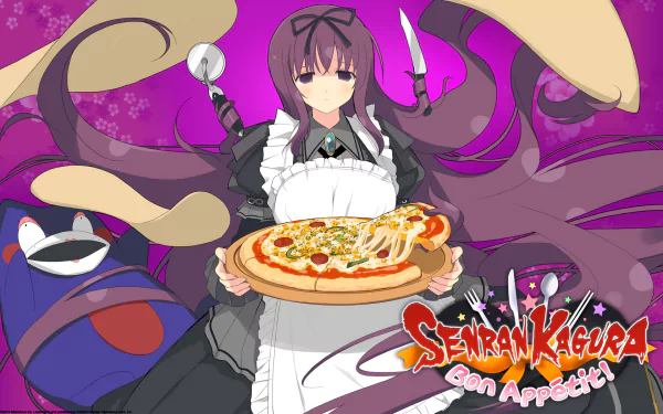 Video game HD PC desktop wallpaper: Senran Kagura Bon Appétit! character in a maid outfit holding a pizza against a vibrant purple background with the game logo.