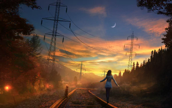 HD artistic desktop wallpaper of a person walking along railroad tracks at sunset, with a dog, power lines overhead, and a colorful sky featuring a crescent moon.