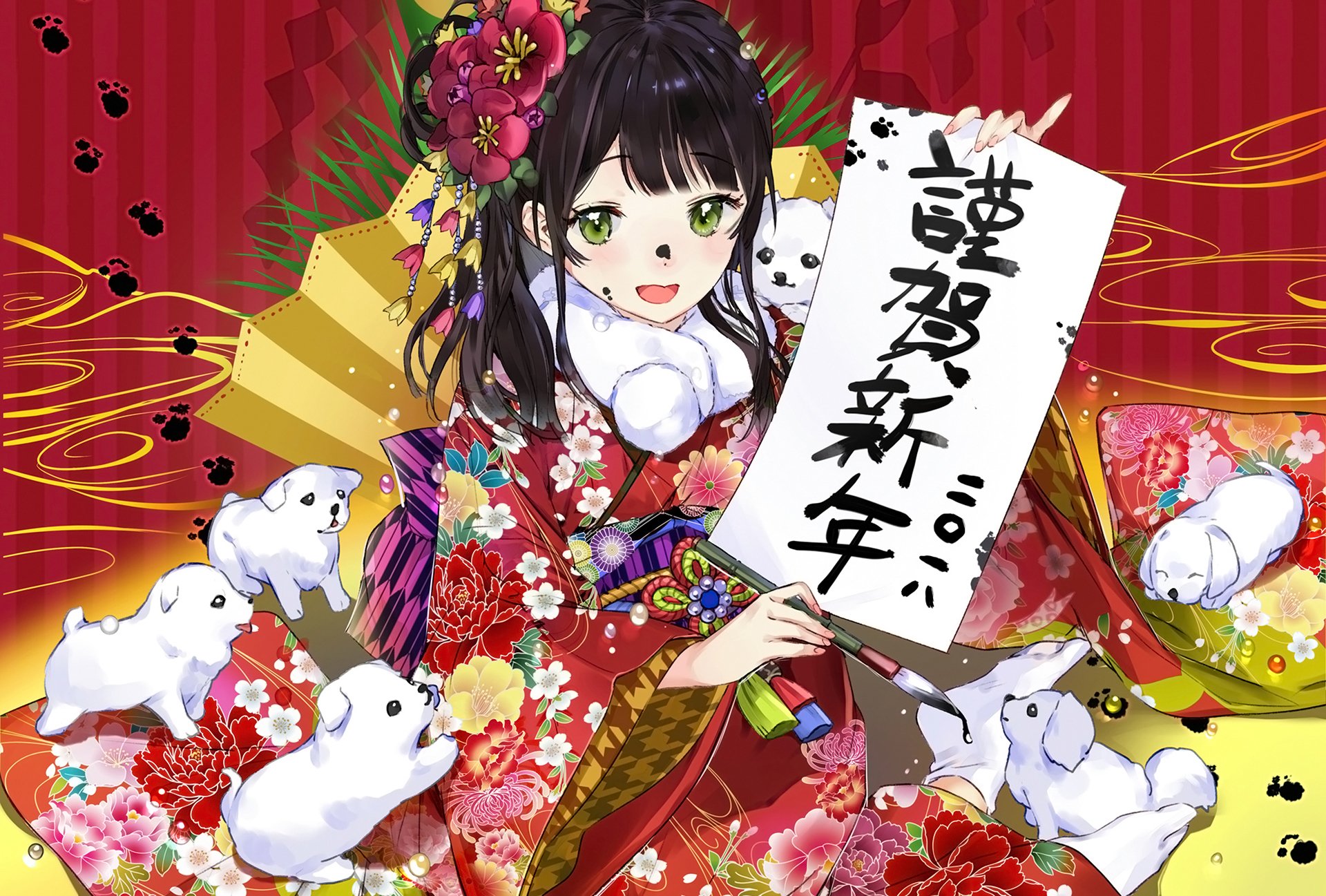 Anime-style wallpaper featuring a girl with black hair and green eyes wearing traditional Japanese clothes, surrounded by flowers and puppies, holding a sign with Japanese text.