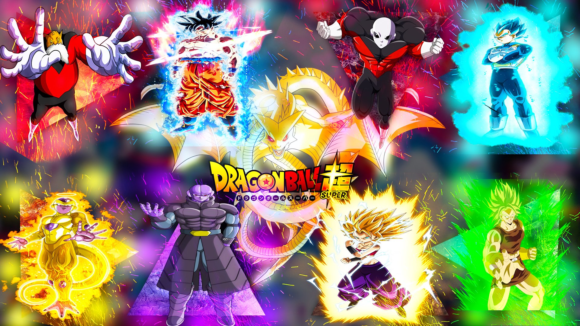 HD Dragon Ball Super desktop wallpaper featuring Goku and other iconic characters radiating vibrant energy in dynamic poses.