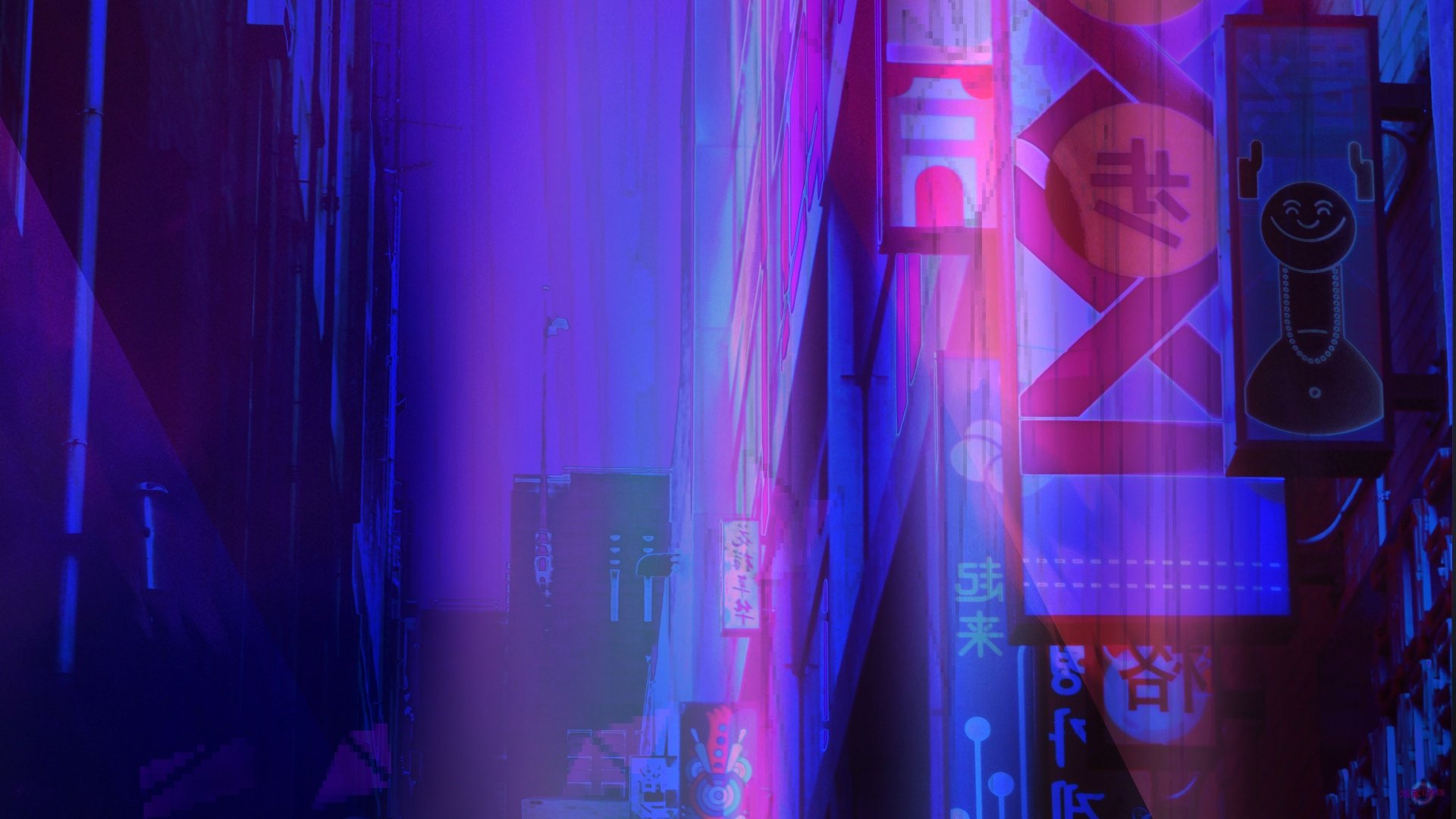 A vibrant cyberpunk cityscape in neon blue and purple hues, glowing with futuristic sci-fi signage and illuminated urban alleyways in 4K Ultra HD detail.