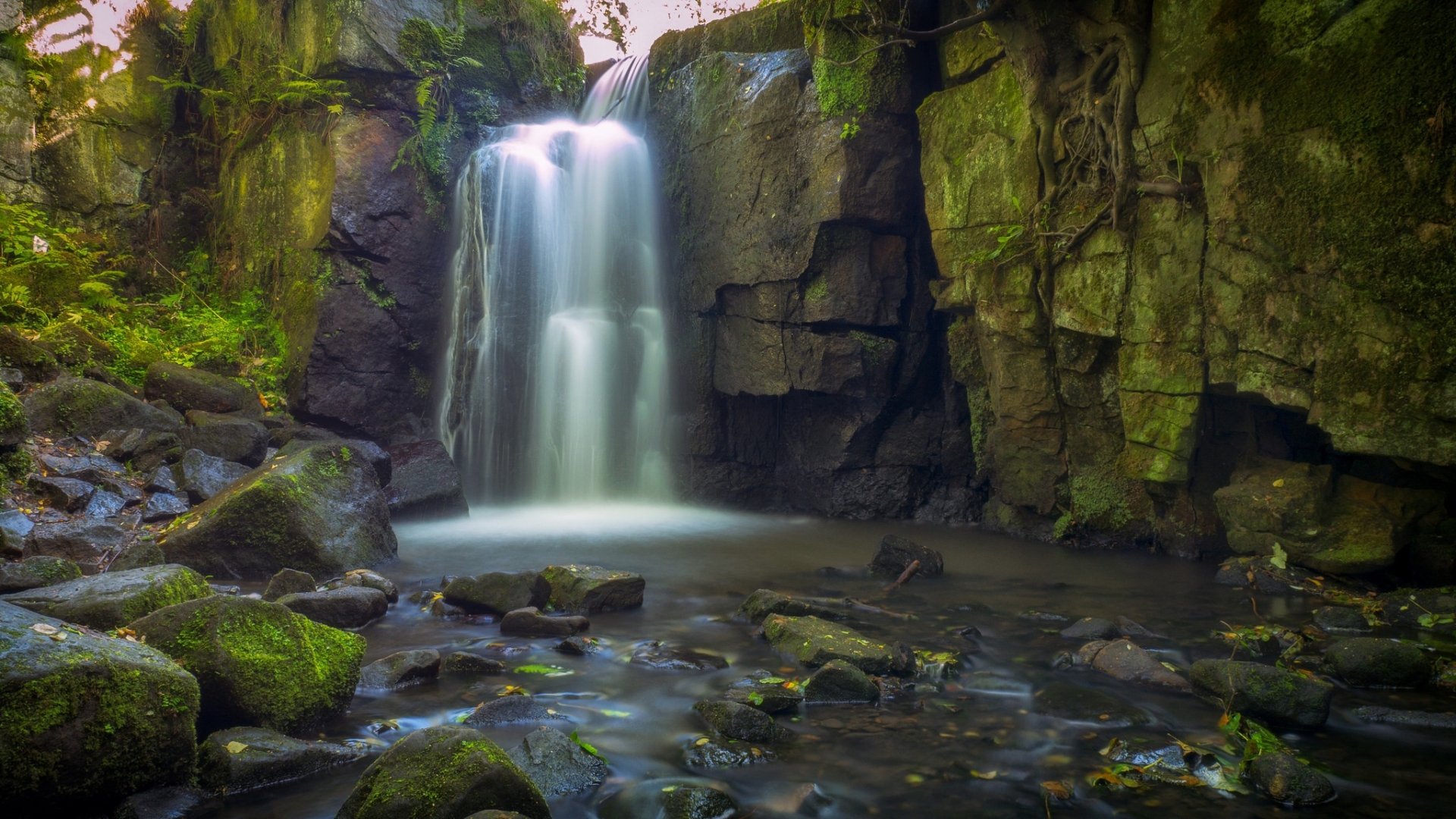 HD PC desktop wallpaper: nature waterfall cascading through moss-covered rocks into a tranquil pool, framed by lush green foliage and rugged cliffs.