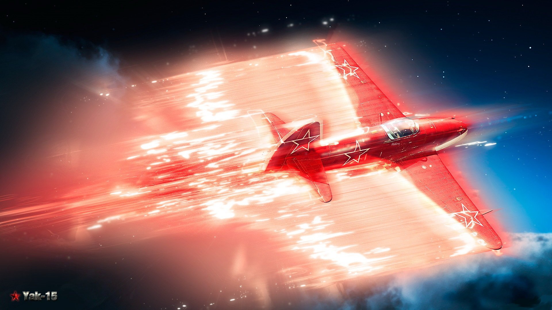HD desktop wallpaper featuring the Yakovlev Yak-15 warplane in action from the War Thunder video game, captured with dynamic motion and vivid lighting effects.