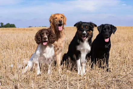 Four dogs—a spaniel, a golden retriever, a border collie, and a black Labrador—sit together in a harvested field under a clear blue sky, captured in 4K Ultra HD.