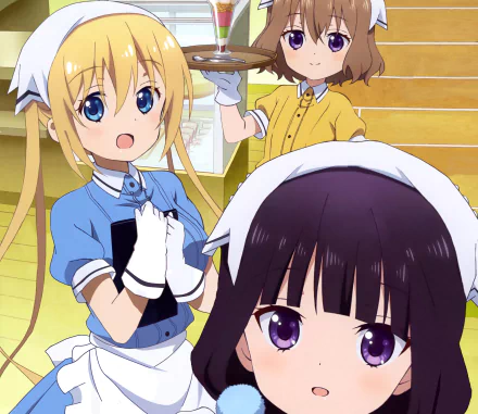 An HD desktop wallpaper featuring characters Maika Sakuranomiya, Mafuyu Hoshikawa, and Kaho Hinata from the anime Blend S. The characters are depicted in a vibrant and lively café setting.