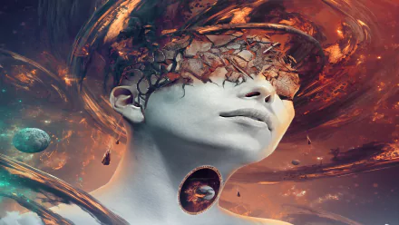 A Sci Fi HD desktop wallpaper featuring a woman with a cosmic, cracked head revealing a swirling space scene inside, set against a vibrant galactic background.