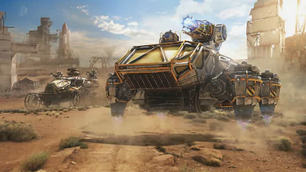 HD PC wallpaper from the Crossout video game showcases a post-apocalyptic desert scene with rugged space shuttle-inspired vehicles ready for battle.
