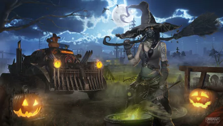 A post-apocalyptic Halloween night scene from the video game Crossout, featuring a tattooed witch in a hat stirring a cauldron by jack-o'-lanterns under a full moon with a black cat.