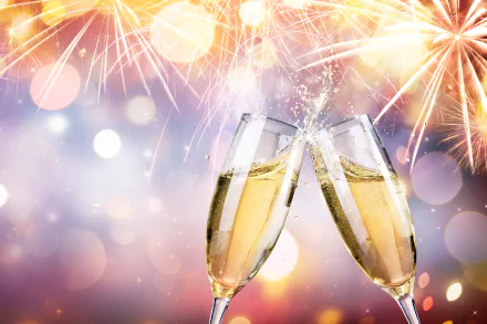 Two champagne glasses clink together in celebration against a bokeh background with colorful fireworks, creating a festive New Year's ambiance.