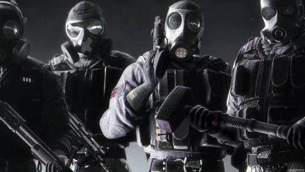 8K Ultra HD wallpaper featuring Thatcher, Sledge, Smoke, and Mute from Tom Clancy's Rainbow Six Siege, all wearing tactical gear and gas masks.