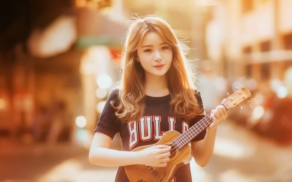 Women Asian Model Depth Of Field Brunette Sepia Guitar Ukulele HD Wallpaper | Background Image
