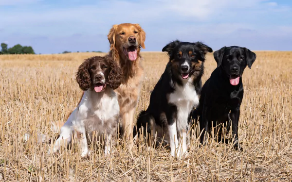 Four dogs—a spaniel, a golden retriever, a border collie, and a black Labrador—sit together in a harvested field under a clear blue sky, captured in 4K Ultra HD.