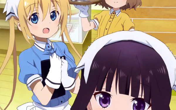 An HD desktop wallpaper featuring characters Maika Sakuranomiya, Mafuyu Hoshikawa, and Kaho Hinata from the anime Blend S. The characters are depicted in a vibrant and lively café setting.
