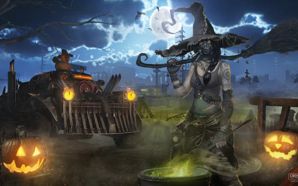 A post-apocalyptic Halloween night scene from the video game Crossout, featuring a tattooed witch in a hat stirring a cauldron by jack-o'-lanterns under a full moon with a black cat.