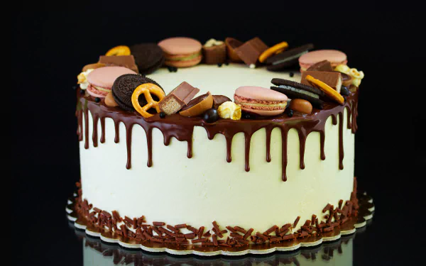 A 4K Ultra HD desktop wallpaper featuring a chocolate-dripped cake decorated with Oreo cookies, macarons, pretzels, and assorted chocolate pastries on a black background.