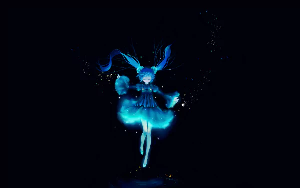 Hatsune Miku in blue with twintails floating ethereally in a dark space, styled in high-definition as a desktop wallpaper for Vocaloid fans.
