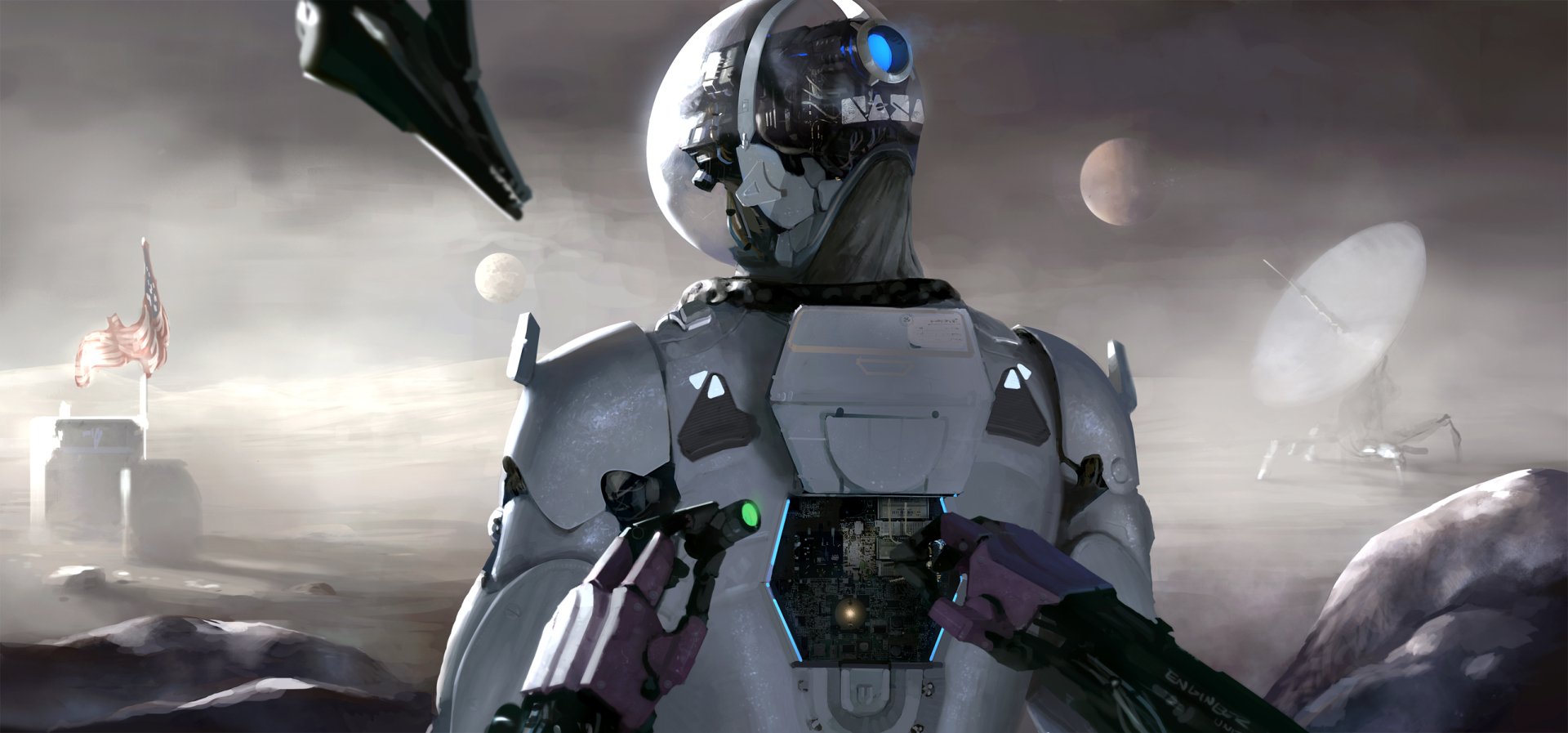 Futuristic Sci-Fi robot with antenna and glowing blue eye exposing internal circuitry on a barren planet — HD PC desktop wallpaper/background.