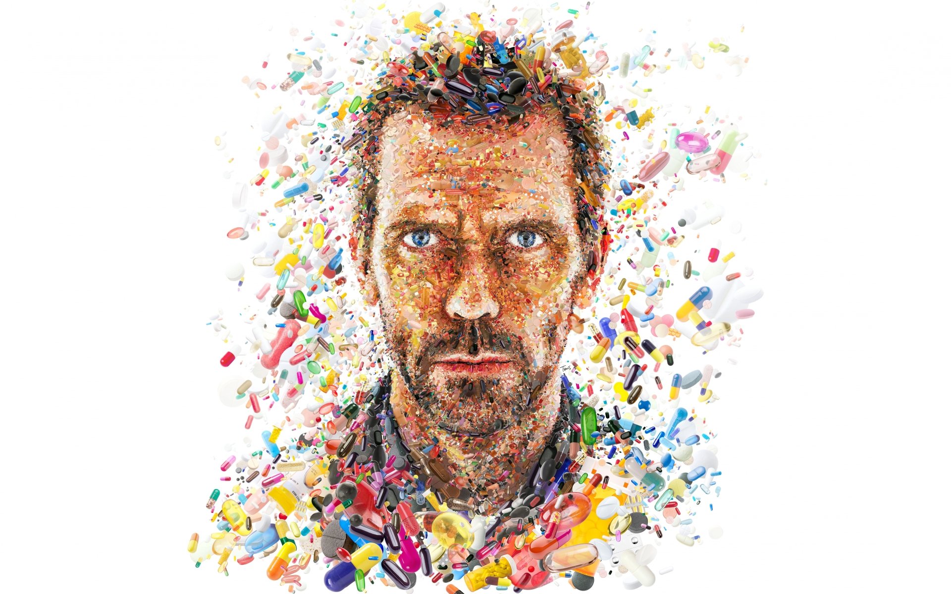 Portrait of Hugh Laurie as Gregory House from the TV show House (2004), surrounded by colorful pills, depicted in an 8K Ultra HD desktop wallpaper style.