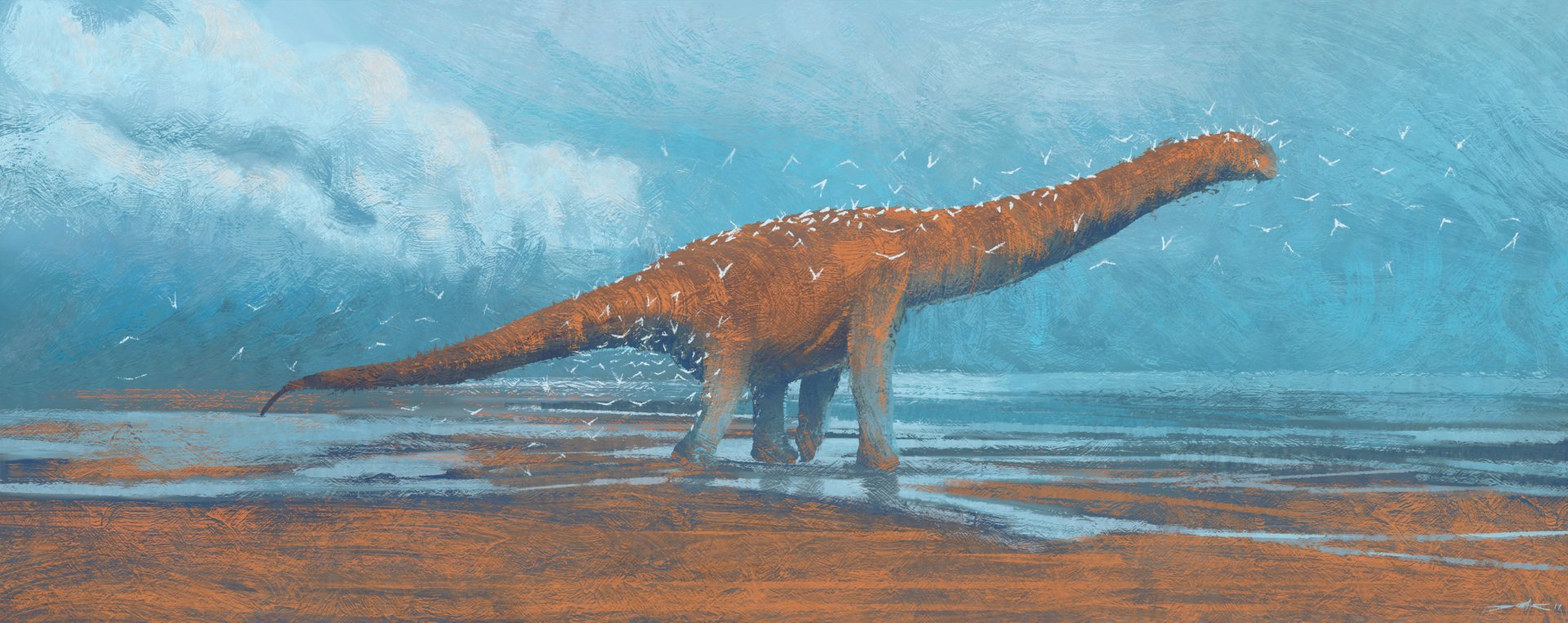 HD desktop wallpaper painting of a large dinosaur with a long neck surrounded by a flock of birds, standing in a water-covered landscape with a cloudy sky.