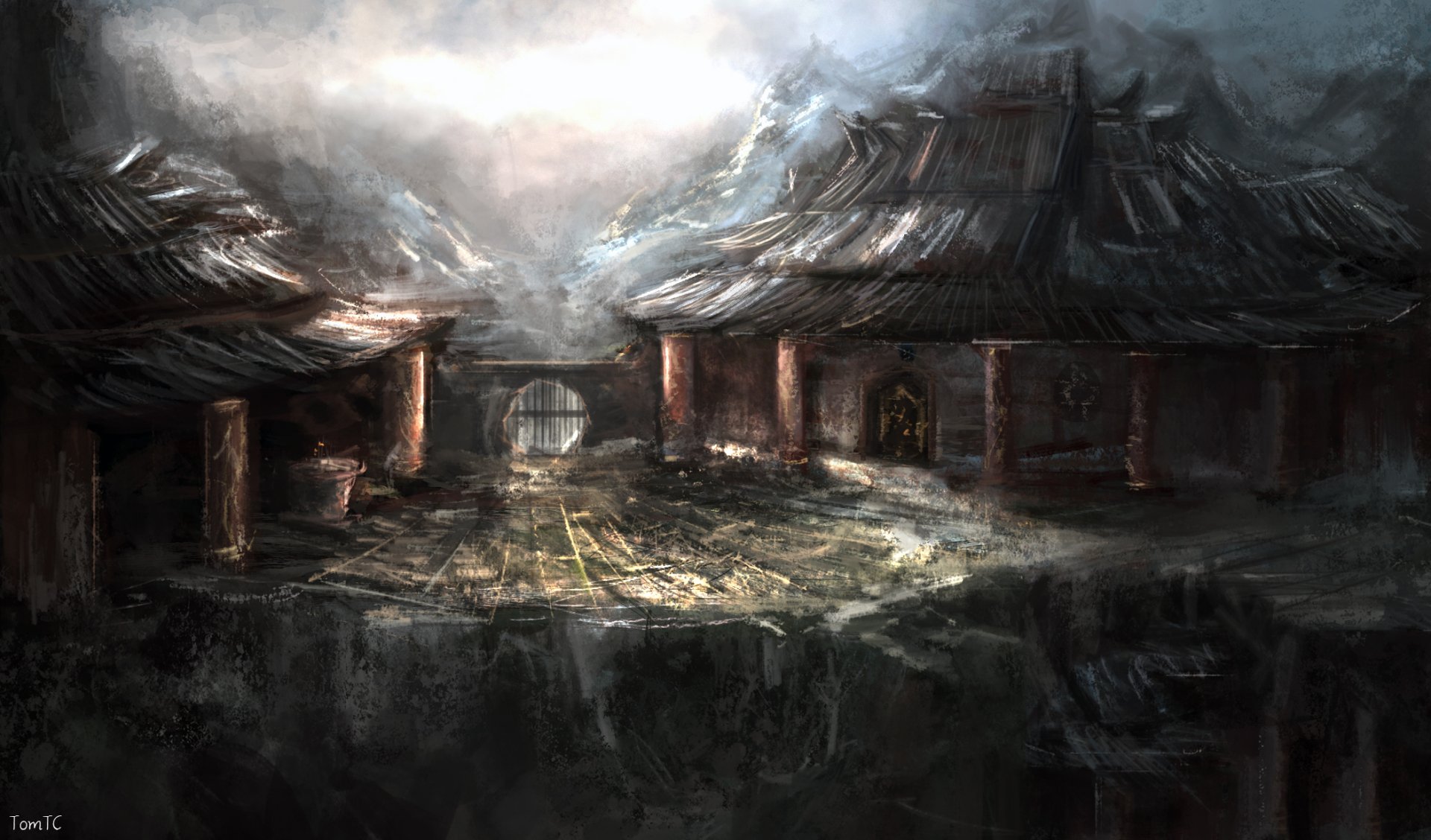 HD fantasy desktop wallpaper featuring a mysterious mountain temple with weathered buildings and a large gate under a moody, cloudy sky.