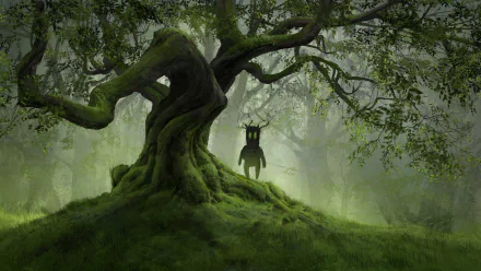 HD PC desktop wallpaper featuring a fantasy creature standing beneath a large, twisted green tree in a misty, lush nature scene.