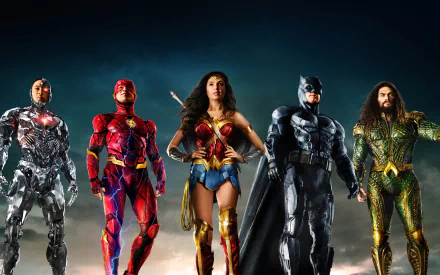 HD desktop wallpaper featuring Justice League characters Cyborg, Flash, Wonder Woman, Batman, and Aquaman. The 2017 movie lineup includes Ray Fisher, Ezra Miller, Gal Gadot, Ben Affleck, and Jason Momoa.