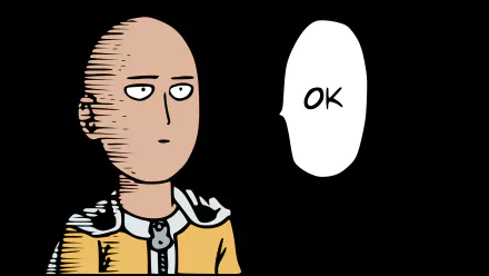 HD desktop wallpaper of Saitama from One-Punch Man, the anime character expressing with a speech bubble saying OK.
